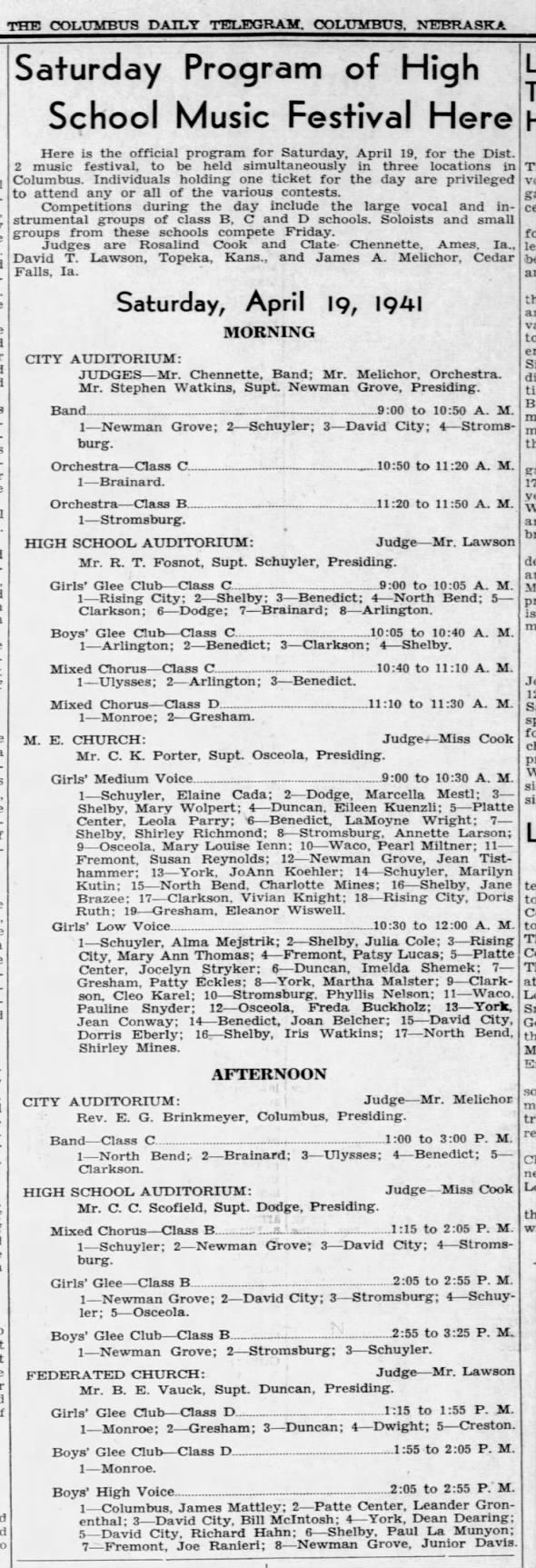The Columbus Telegram (Columbus, Nebraska) 17 Apr 1941; page 5 Mary singing in the Girl's Medium Voice section of agenda